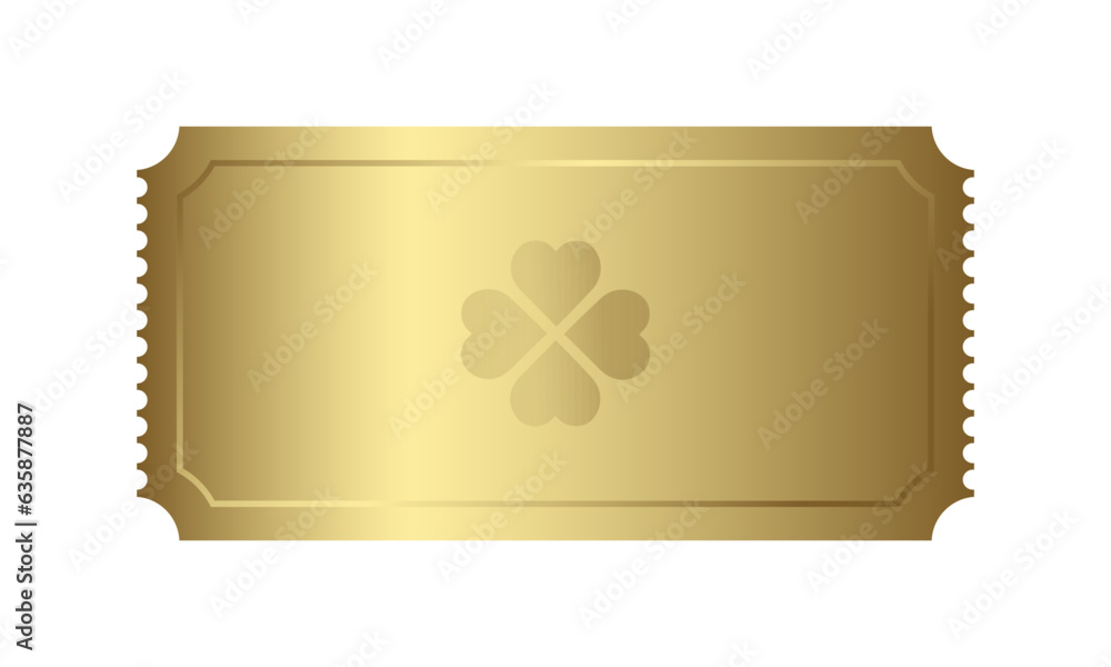Golden ticket, lucky four leaf clover, label, admit one, sticker Golden ticket, lucky four leaf clover, label, admit one, sticker