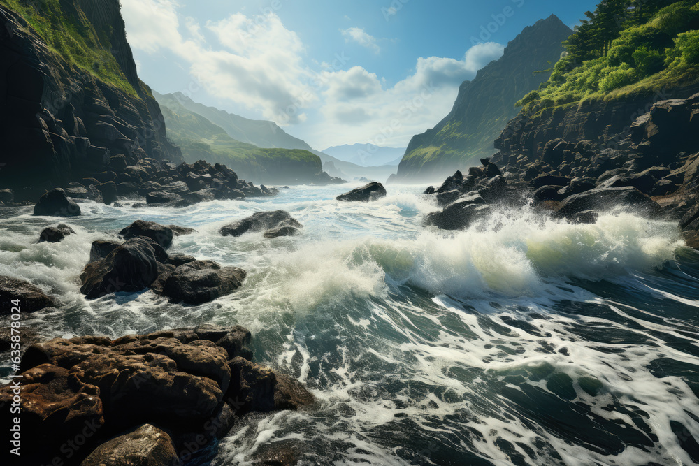 Dramatic coastal cliffs standing tall against the crashing waves, ai generated.