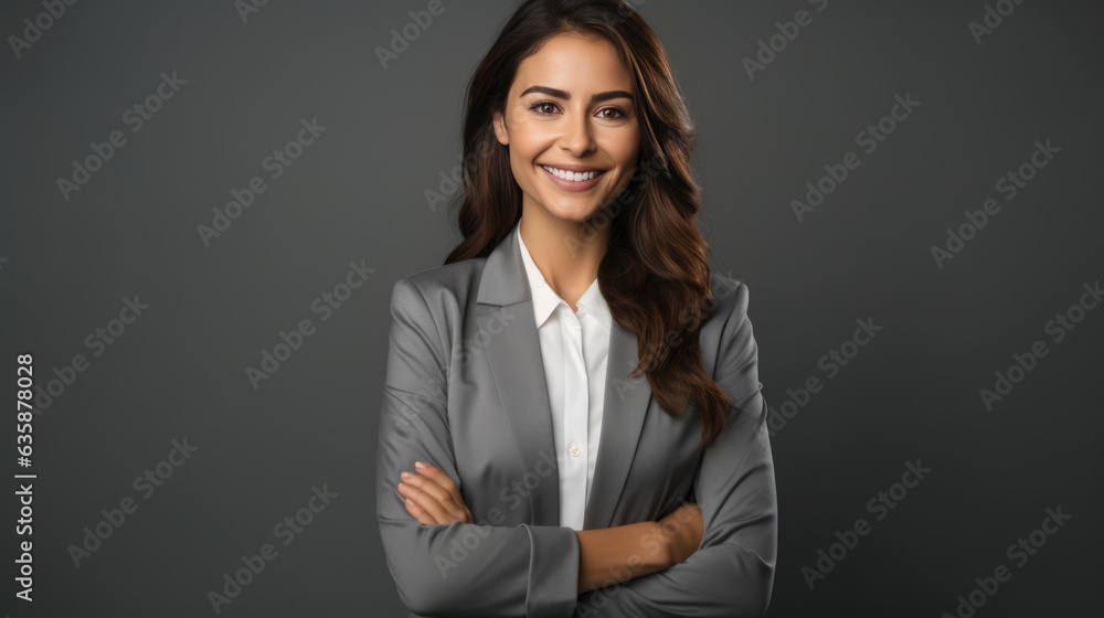 Successful businesswoman with crossed arms stands on a gray background. Successful businesswoman with crossed arms stands on a gray background.