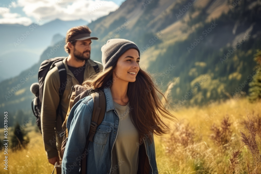 A young couple hiking in a picturesque mountain landscape, enjoying nature's beauty and adventure together Perfect for outdoor exploration and travel concepts