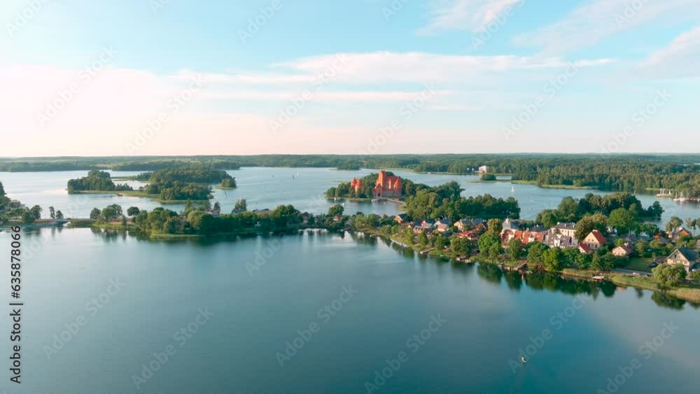 Aerial summer sunset view of Trakai Island Castle and surroundings, Lithuania Aerial summer sunset view of Trakai Island Castle and surroundings, Lithuania