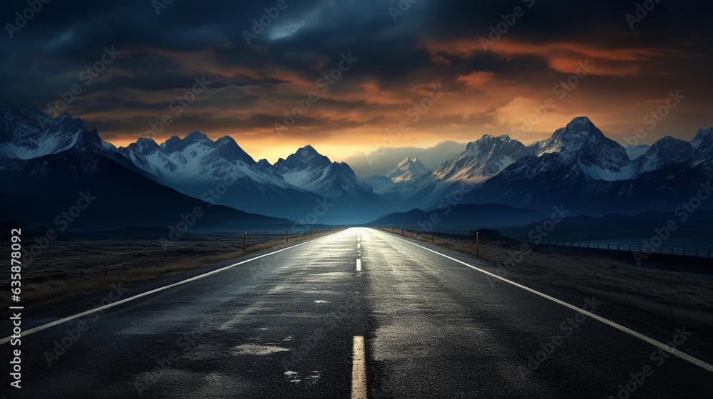 Road through the scenic landscape to the destination, A long straight road path journey towards mountains. 