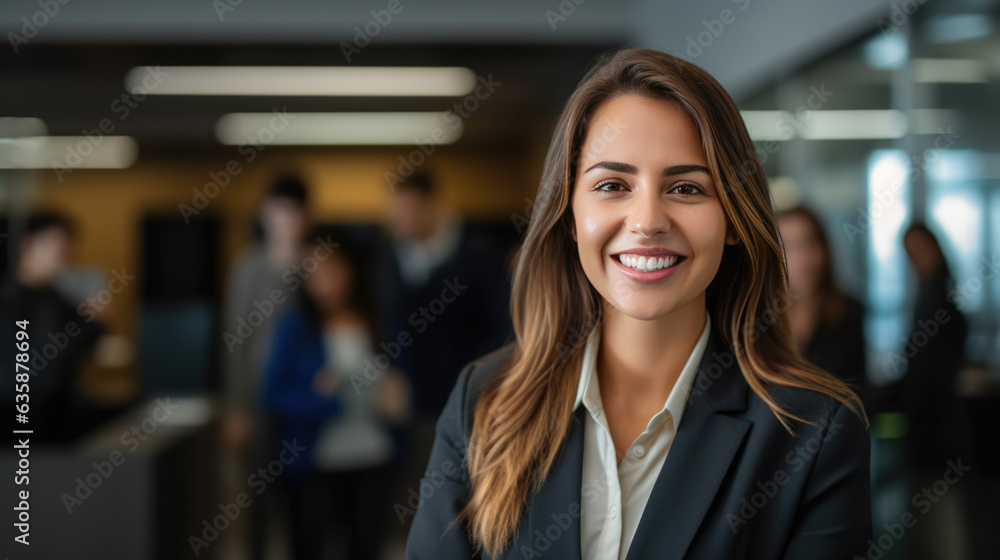 Close up portrait of a smiling young businesswoman in suit against office background. Close up portrait of a smiling young businesswoman in suit against office background.
