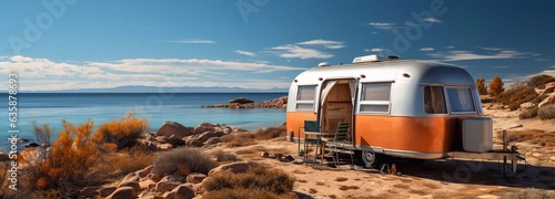 Caravan trailer on the sea coast. Generative AI photo