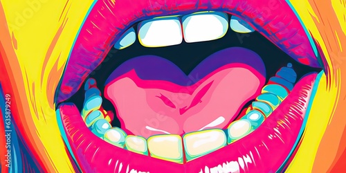 AI Generated. AI Generative. Pop art retro vintage lips mouth cartoon style. Attractive girl face with smile. Can be used for promotion comics illustration