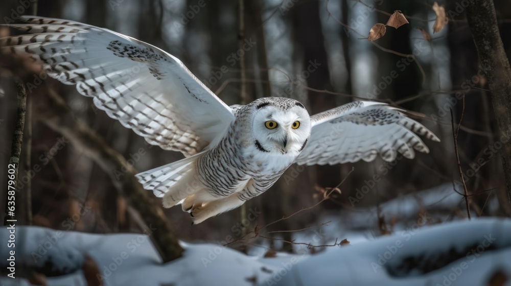 Fototapeta premium Snowy owl (Bubo bubo) in winter forest