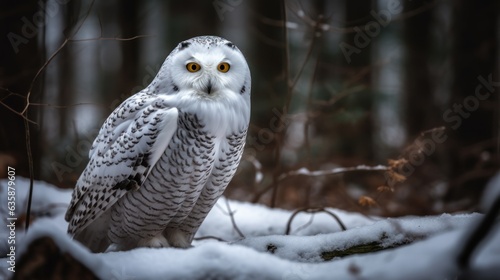 Snowy owl in winter forest. Snowy owl. Snowy owl © John Martin