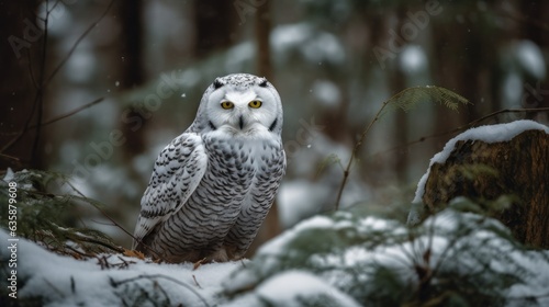 Snowy owl (Bubo scandiacus) in snowy forest © John Martin