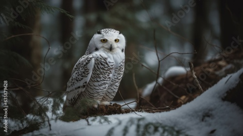 Snowy owl (Bubo scandiacus) in winter forest © John Martin