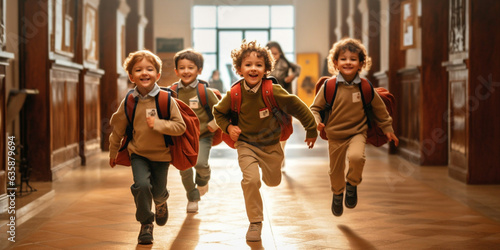 Energetic Kids Rushing Through School Hallways with Backpacks - AI generated