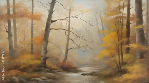 紅葉した森の油絵、風景画、背景｜Autumn leaves forest oil painting, landscape painting,background. Generative AI