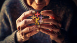 an elderly woman is trying to put together a puzzle, but she cannot put it together. concept of alzheimer's disease memory loss and dementia. Generative Ai.