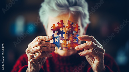dementia, Alzheimer's disease. an elderly woman is holding a jigsaw puzzle icon, a jigsaw puzzle she can't put together. Generative Ai.