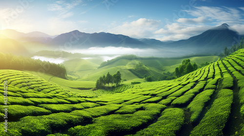 beautiful panorama. green tea plantation at dawn. Generative Ai.