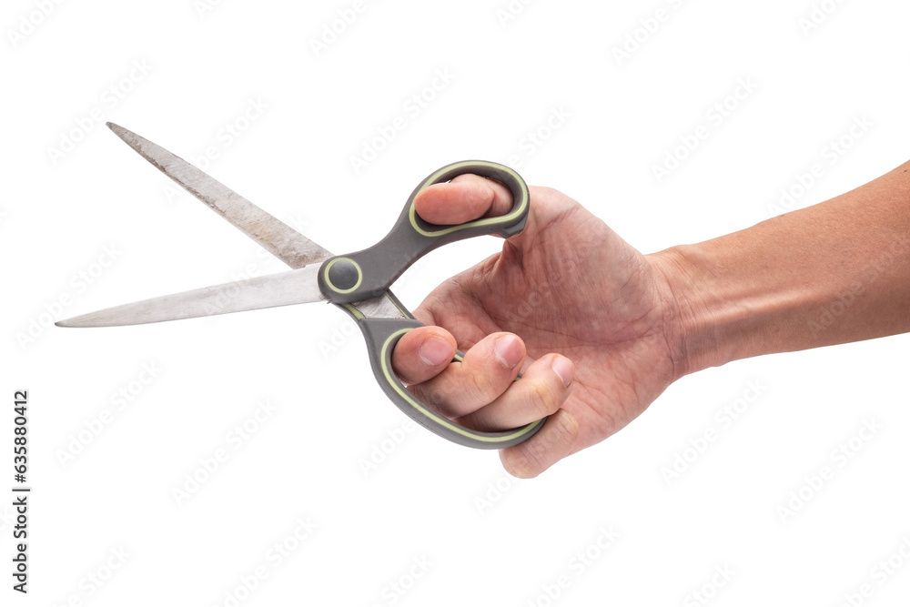 Man Holding Sharp Scissor on His Hand for Cutting on iSolated White Background Man Holding Sharp Scissor on His Hand for Cutting on iSolated White Background