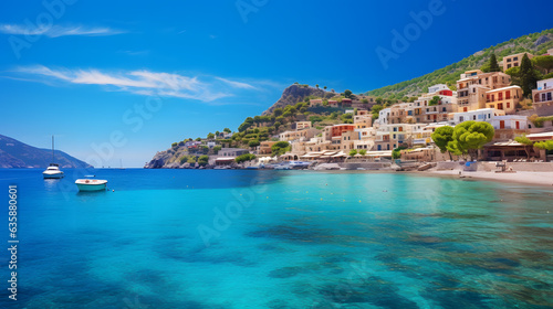 Immerse yourself in the captivating beauty of the Mediterranean Sea with this breathtaking image. Crystal-clear waters glisten under the warm Mediterranean sun, gently lapping against picturesque sand