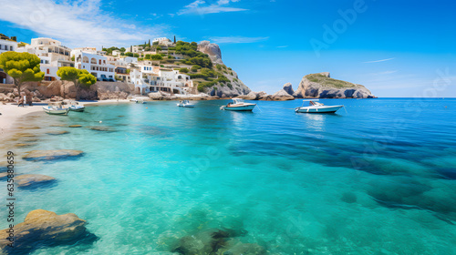 Immerse yourself in the captivating beauty of the Mediterranean Sea with this breathtaking image. Crystal-clear waters glisten under the warm Mediterranean sun, gently lapping against picturesque sand