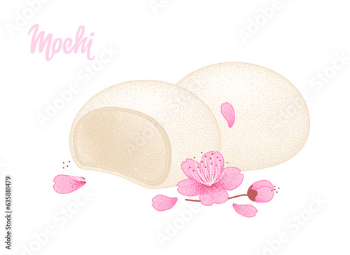Mochi ice cream on white background with sakura flower and petals. Japanese traditional sweet soft dessert. Ball of rice flour with bean paste. Vector illustration, healthy sweet snack.