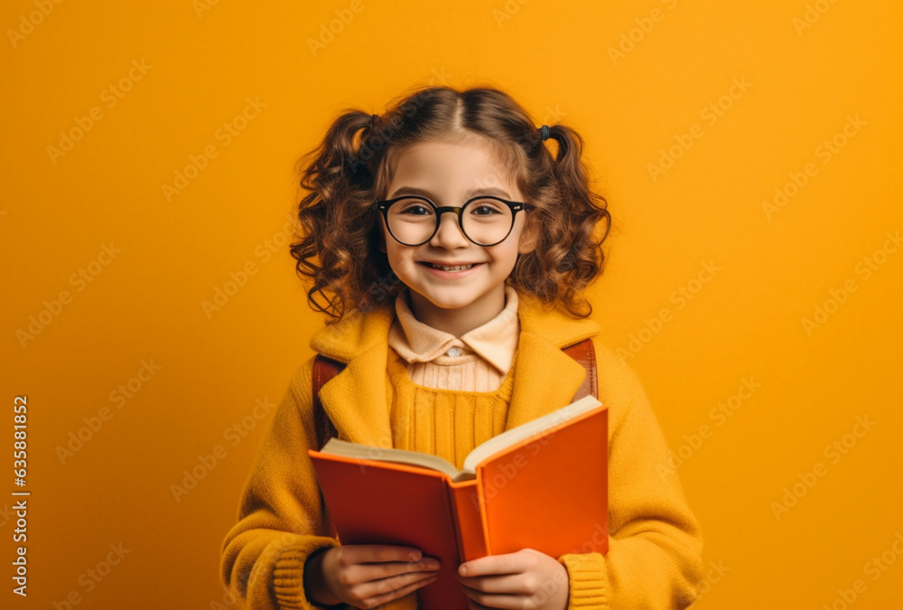 Adorable Smart Girl with Glasses Holding a Book in Hand on Orange Background - AI generated Adorable Smart Girl with Glasses Holding a Book in Hand on Orange Background - AI generated