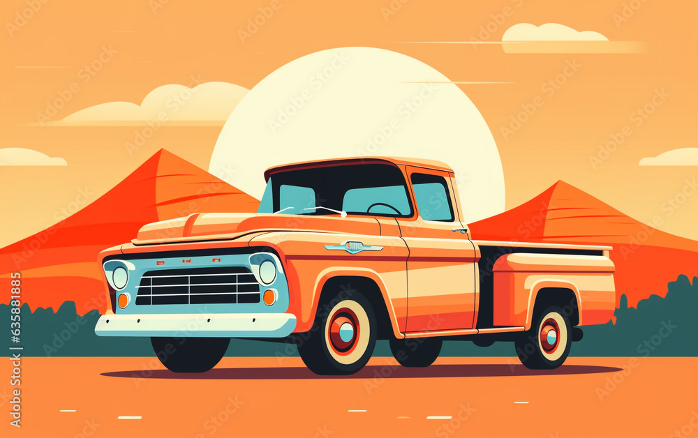 A modern American pickup is skillfully depicted in a sleek and stylish flat vector illustration