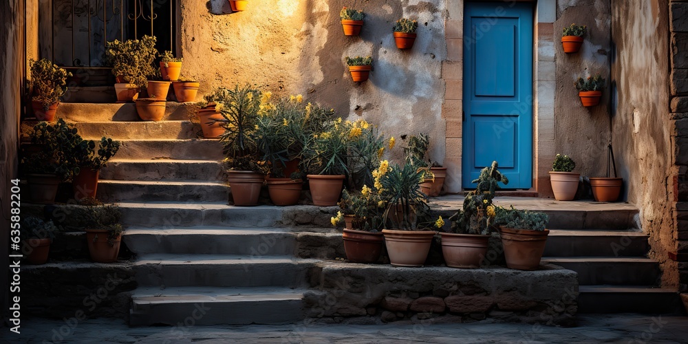 Fototapeta premium AI Generated. AI Generative. Old retro vintage street walk in Europe village small city countryside decoration with plants. Graphic Art