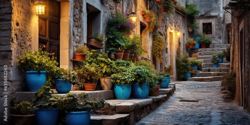 AI Generated. AI Generative. Old retro vintage street walk in Europe village small city countryside decoration with plants. Cozy little town walking streets