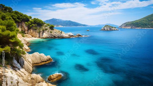 Step into a world of tranquility and azure hues with this mesmerizing image of the Mediterranean Sea. Rugged cliffs and rolling hills create a dramatic backdrop, while the sea's mesmerizing shades of