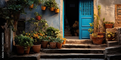 AI Generated. AI Generative. Old retro vintage street walk in Europe village small city countryside decoration with plants. Graphic Art