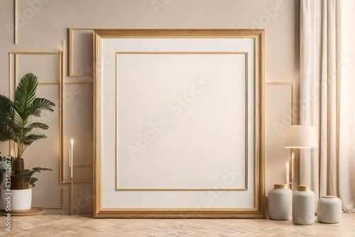 Frame mockup in contemporary minimalist beige room interior , Generative ai