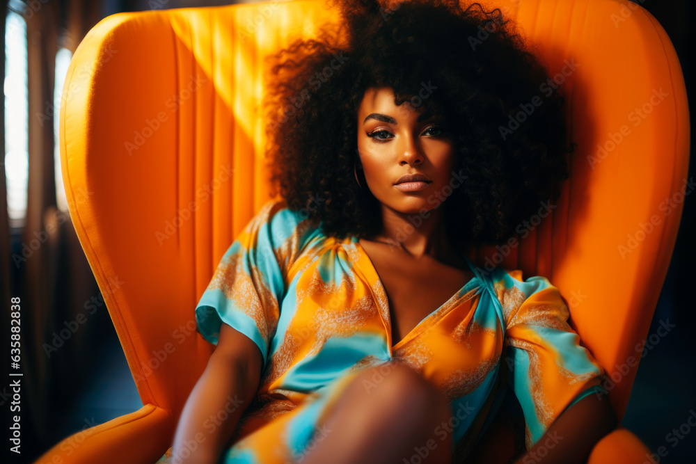 Naklejka premium Afro-American Woman Relaxing in Armchair Pose