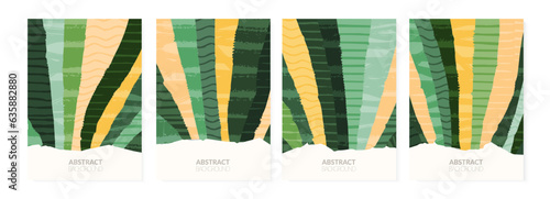 Green nature collage eco abstract vector background. Agricultural field landscape with texture, ecology poster design. Summer aesthetic illustration set. Environmental card, organic agro pattern