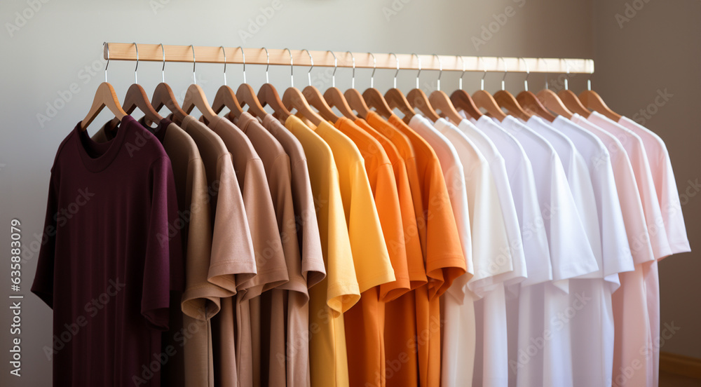 plain t-shirts of different colors hang on a hanger, store interior blur.