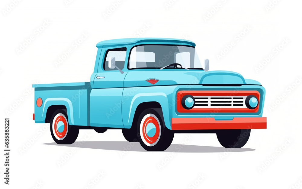 old truck isolated on white.  A vector illustration of an American pickup truck presented in a flat style against a white background. 