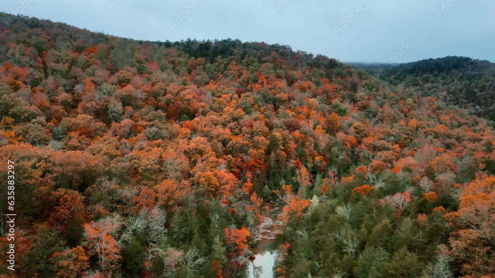 Arkansas ozark mountains and river in autumn with aerial drone flying over with fall colored forest leaves Arkansas ozark mountains and river in autumn with aerial drone flying over with fall colored forest leaves