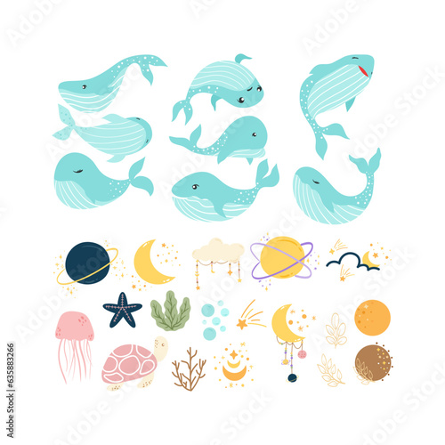 Magical Whale Illustration. Baby Nursery Element Illustration