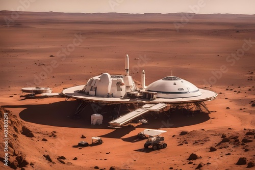 Base and spaceship on Planet Mars. Mission to Mars