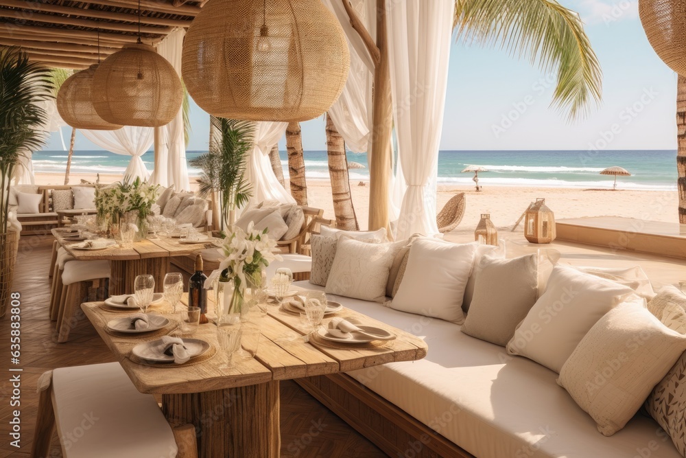 Fototapeta premium Bohemian beachside caf� in Marbella with a bright beige interior.