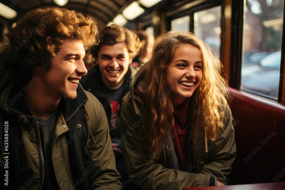 Happy laughing teenage girl travelling with friends inside the train or bus.