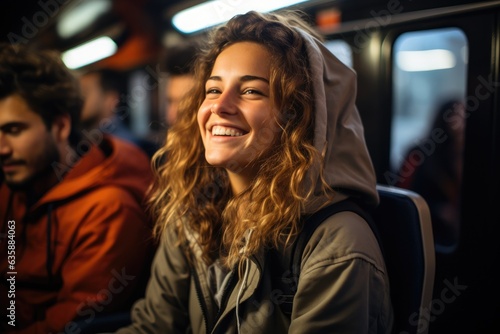 Happy laughing teenage girl travelling with friends inside the train. © DenisNata