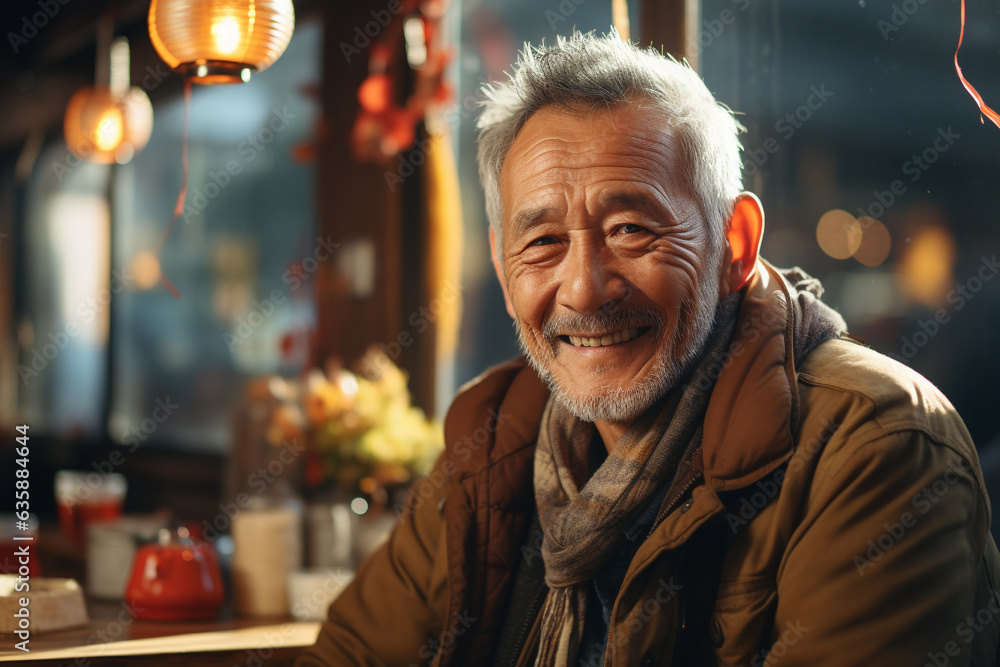 Portrait of a homeless old man with a smiling wrinkled face. Asian old homeless man is positive and cheerful.