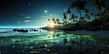 AI Generated. AI Generative. Night glowing light shine plankton sea ocean background. Marine nautical vacation island. Graphic Art