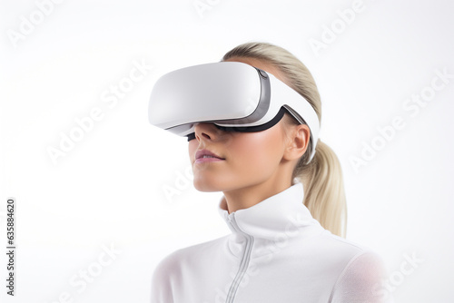 Young woman wearing virtual reality VR glasses, VR headset and trying to touch something with her hand while standing isolated on a white background.