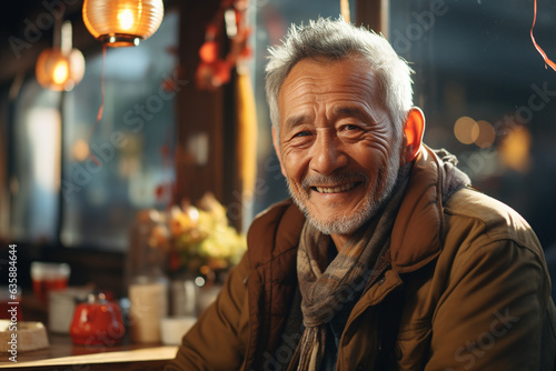 Portrait of a homeless old man with a smiling wrinkled face. Asian old homeless man is positive and cheerful.
