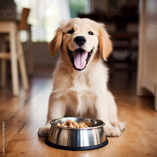 A happy golden retriever puppy eagerly eating its kibble from a bowl