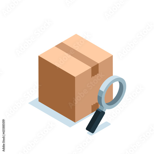 isometric box and magnifier in color on white background, package tracking or search