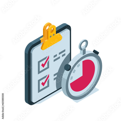 isometric tablet with a checklist and checkmarks and a stopwatch in color on a white background, a business plan or a task completed on time