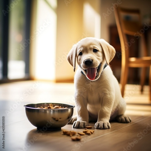 A happy Labrador retriever puppy eagerly eating its kibble from a bowl