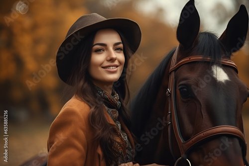 A beautiful brunette in a hat smiles next to a horse