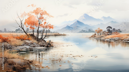 Wallpaper Mural Ink painting lake mangrove autumn, red maple leaves traditional Chinese painting background Torontodigital.ca