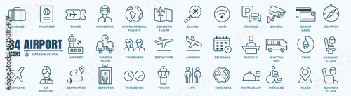 Airport icon vector line set. Contains linear outline icons like Plane, Ticket, Baggage, Seat, Wifi, Bag, Departure, Terminal, Passport, Transport, Luggage, and Airplane. Editable stroke